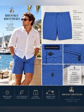 Brooks Brothers Men’s Blue Gingham Chino Shorts Size 38 Stretch 8” Inseam
